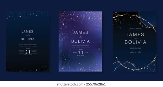 Luxury invitation card design vector set. Elegant wedding card with little star moon sun meteor and space decorative on navy blue background. Design illustration for cover, poster, gala.