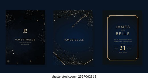Luxury invitation card design vector set. Elegant wedding card with little star moon sun meteor and space decorative on navy blue background. Design illustration for cover, poster, gala.