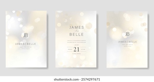 Luxury invitation card design vector set. Elegant wedding card with bokeh, bubble on light background. Design illustration for cover, poster, gala.