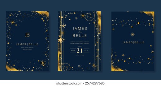 Luxury invitation card design vector set. Elegant wedding card with little star moon sun meteor and space decorative on navy blue background. Design illustration for cover, poster, gala.