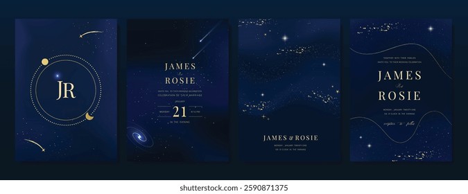 Luxury invitation card design vector set. Elegant wedding card with little star moon sun and space decorative on watercolor navy blue background. Design illustration for cover, poster, gala.