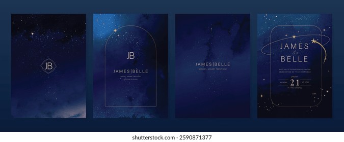 Luxury invitation card design vector set. Elegant wedding card with little star moon sun and space decorative on watercolor navy blue background. Design illustration for cover, poster, gala.