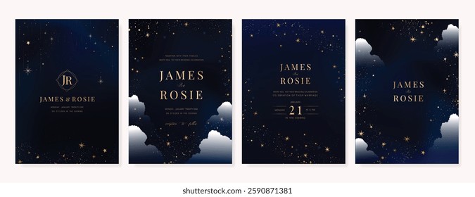 Luxury invitation card design vector set. Elegant wedding card with little star moon sun and space decorative on watercolor navy blue background. Design illustration for cover, poster, gala.