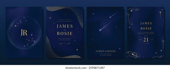 Luxury invitation card design vector set. Elegant wedding card with little star moon sun and space decorative on watercolor navy blue background. Design illustration for cover, poster, gala.