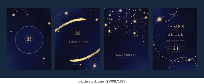 Luxury invitation card design vector set. Elegant wedding card with little star moon sun and space decorative on watercolor navy blue background. Design illustration for cover, poster, gala.