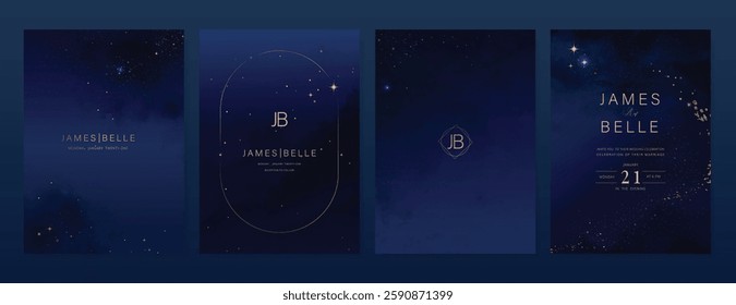 Luxury invitation card design vector set. Elegant wedding card with little star moon sun and space decorative on watercolor navy blue background. Design illustration for cover, poster, gala.