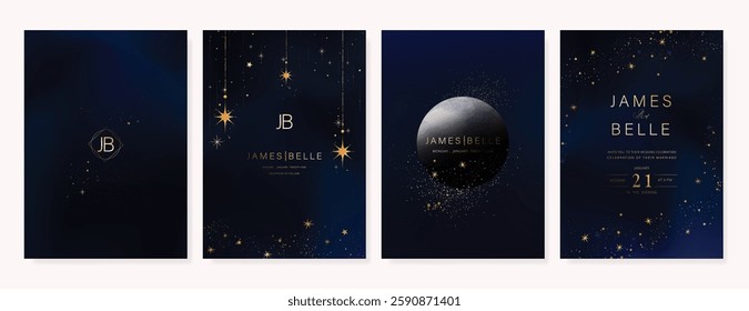 Luxury invitation card design vector set. Elegant wedding card with little star moon sun and space decorative on watercolor navy blue background. Design illustration for cover, poster, gala.