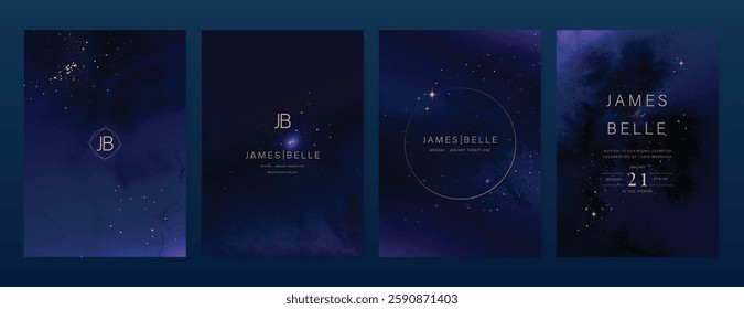 Luxury invitation card design vector set. Elegant wedding card with little star moon sun and space decorative on watercolor navy blue background. Design illustration for cover, poster, gala.