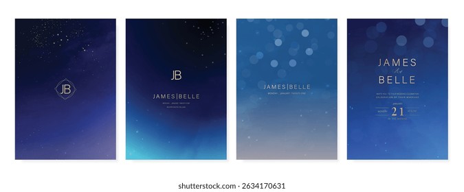 Luxury invitation card design vector set. Elegant wedding card with little star moon sun meteor and space decorative on navy blue background. Design illustration for cover, poster, gala.