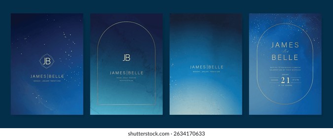 Luxury invitation card design vector set. Elegant wedding card with little star moon sun meteor and space decorative on navy blue background. Design illustration for cover, poster, gala.