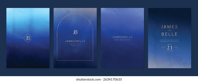 Luxury invitation card design vector set. Elegant wedding card with little star moon sun meteor and space decorative on navy blue background. Design illustration for cover, poster, gala.
