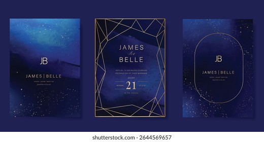 Luxury invitation card design vector set. Elegant wedding card with little star, geometric shapes and space decorative on watercolor navy blue background. Design illustration for cover, poster, gala.