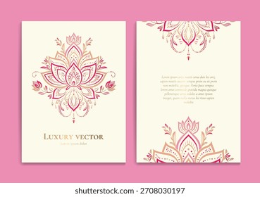 Diseño de tarjeta de invitación de lujo con patrón de adorno de Vector. Plantilla de Antiguas. Puede ser utilizado para el fondo y el Fondo de pantalla. Elegantes y clásicos Elementos de Vector ideales para la decoración.