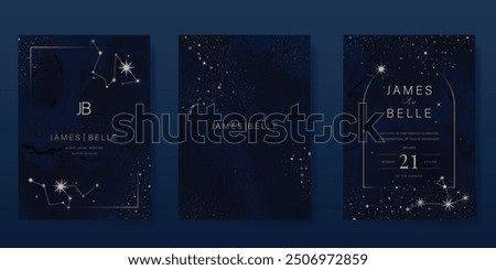 Luxury invitation card design vector set. Elegant wedding card with little star moon sun and space decorative on watercolor navy blue background. Design illustration for cover, poster, gala.
