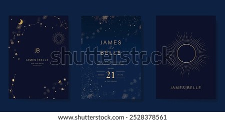 Luxury invitation card design vector set. Elegant wedding card with little star moon sun and space decorative on navy blue background. Design illustration for cover, poster, gala.