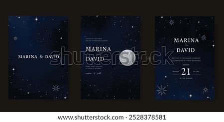 Luxury invitation card design vector set. Elegant wedding card with little star and moon decorative on watercolor navy blue background. Design illustration for cover, poster, gala.