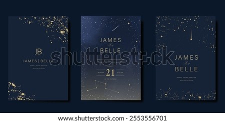 Luxury invitation card design vector set. Elegant wedding card with little star moon sun meteor and space decorative on navy blue background. Design illustration for cover, poster, gala.