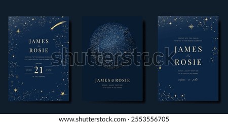 Luxury invitation card design vector set. Elegant wedding card with little star moon sun meteor and space decorative on navy blue background. Design illustration for cover, poster, gala.
