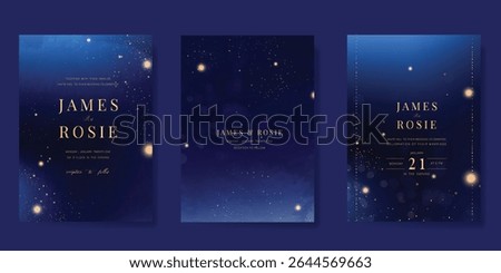 Luxury invitation card design vector set. Elegant wedding card with little star, moon, sun and space decorative on watercolor navy blue background. Design illustration for cover, poster, gala.
