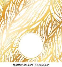 Luxury invitation card with empty space for your text. Wedding or holiday decoration. Golden and white abstract floral pattern. Circle frame. Vector template design. Square composition 