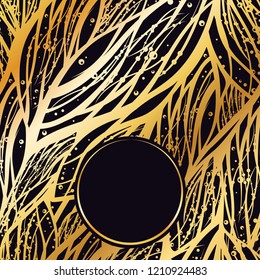 Luxury invitation card with empty space for your text. Wedding or holiday decoration. Golden and black abstract floral pattern. Circle frame. Vector template design. Square composition 