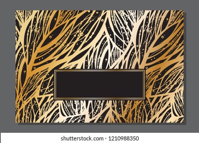 Luxury invitation card with empty space for your text. Wedding or Christmas holiday decoration. Golden and black abstract floral pattern. Circle frame. Vector template design. Horizontal composition 