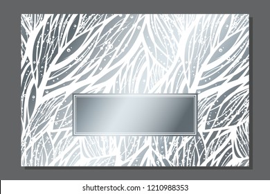 Luxury invitation card with empty space for your text. Wedding or Christmas holiday decoration. Silver and white abstract floral pattern. Circle frame. Vector template design. Horizontal composition 