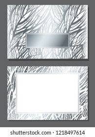 Luxury invitation card with empty space for your text. Wedding or Christmas holiday decoration. Silver and white abstract floral pattern with frame. Vector template design. Horizontal composition. 