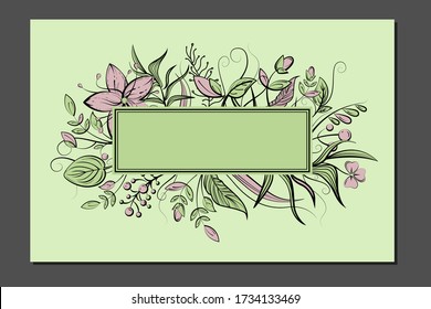 Luxury invitation card with empty space for your text. Wedding or Birthday holiday decoration. Green, pink and black floral pattern. Vector template design. Horizontal frame composition 