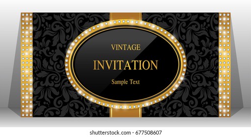 Luxury invitation card with gold patterned and gem diamond jewelry have glitter on paper color.