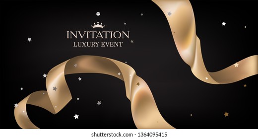 Luxury invitation card with golden curly ribbon. Vector illustration