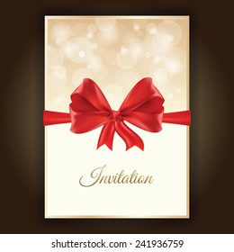 Luxury invitation card with red bow and gold background, vector