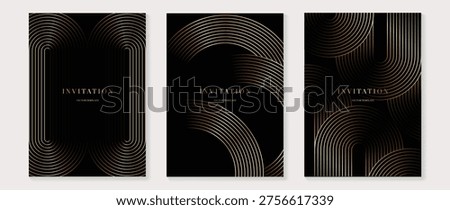 Luxury invitation card set in black and rose gold featuring rounded arch bands, sweeping stripe patterns, and elegant art deco influence for gala, wedding, and premium corporate celebrations.