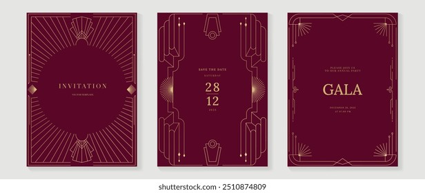 Vector de tarjeta de invitación de lujo. Elegante diseño antiguo clásico art deco, líneas de oro degradado, marco sobre fondo rojo. Ilustración de diseño de Premium para gala, gran apertura, portada VIP, boda.