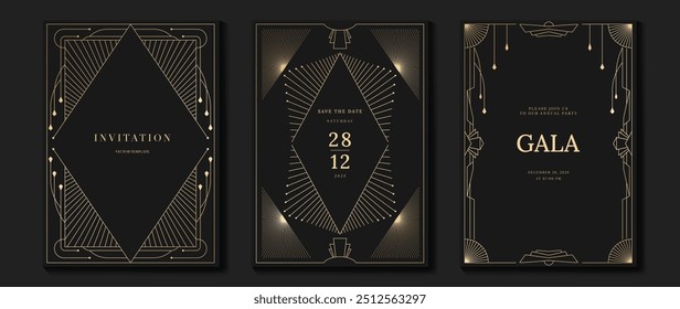 Vetor de cartão de convite de luxo. Elegante art deco clássico antigo design, linhas de ouro gradiente, quadro em fundo escuro. Ilustração de design premium para gala, grande abertura, capa VIP, casamento.