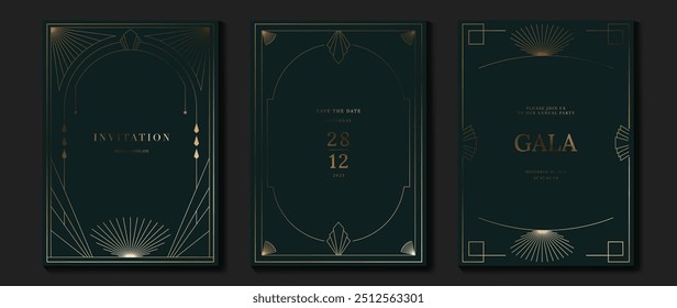 Vetor de cartão de convite de luxo. Elegante art deco clássico antigo design, linhas de ouro gradiente, quadro em fundo verde escuro. Ilustração de design premium para gala, grande abertura, capa VIP, casamento.