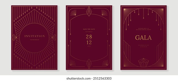 Vector de tarjeta de invitación de lujo. Elegante diseño antiguo clásico art deco, líneas de oro degradado, marco sobre fondo rojo. Ilustración de diseño de Premium para gala, gran apertura, portada VIP, boda.