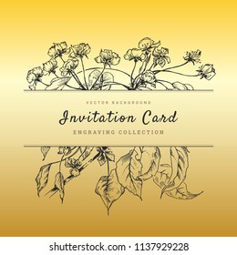 Luxury Invitation Card, Vector Illustration with Hand Drawn Floral Elements, Flat Banner with Header and Text on Blossoming Tree Branches Background. Engraved style template with Flowers and Leaves.