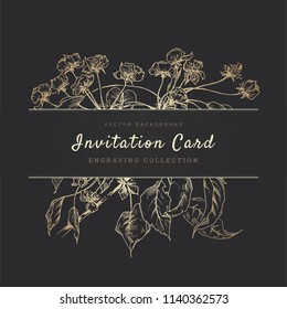 Luxury Invitation Card, Vector Illustration with Hand Drawn Floral Elements, Flat Banner with Header and Text on Blossoming Tree Branches Background. Engraved style template with Flowers and Leaves.