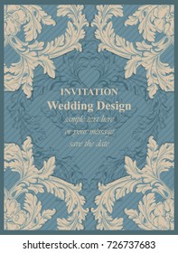Luxury invitation card Vector. Royal victorian pattern ornament. Rich rococo backgrounds. Blue bell colors