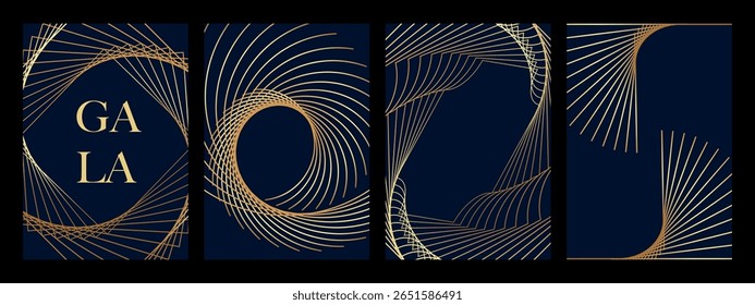 Luxury invitation cards set. Premium cover templates black background with gold line pattern frame and copy space for wedding invite, Gala grand opening, vip flyer.