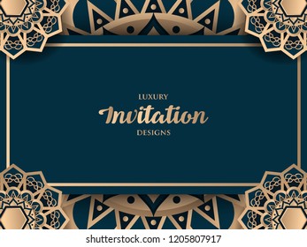 luxury invitation design with gold mandala ornament, dark blue background with elegant gold accent