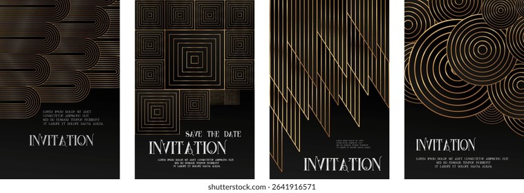 Luxury invitation, Elegant template, Card frame art deco flyer and square card set. Golden geometric gradient on dark background. Premium design for gala, grand opening, party invitation, layout.