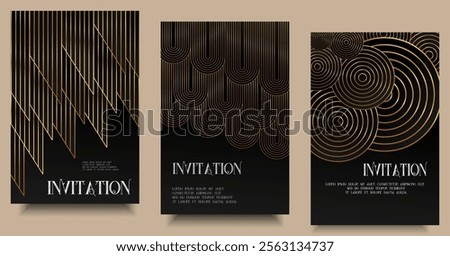 Luxury invitation, Elegant template, Card frame art deco flyer and square card set. Golden geometric gradient on dark background. Premium design for gala, grand opening, party invitation, layout.