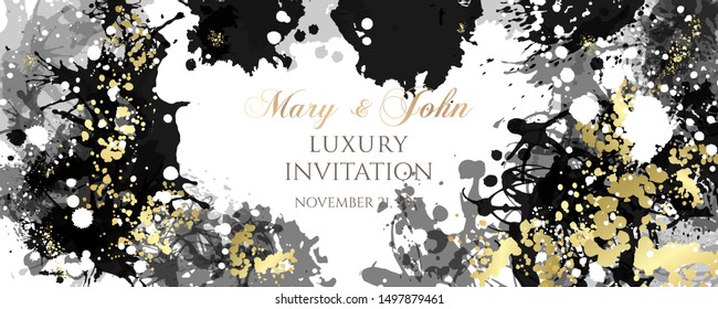 Luxury invitation with ink splash texture. Abstract artistic background with black and gold paint design elements. Horizontal banner.