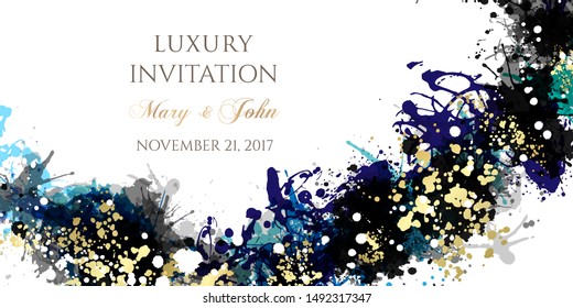 Luxury invitation with ink splash textured border. Abstract artistic background with black, blue and gold paint design elements.