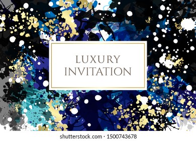Luxury invitation with ink splash textured frame. Abstract artistic background with black, blue and gold paint design elements.