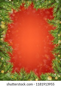 Luxury Invitation poster frame of pine, fir, spruce branches for a Christmas party on a red background. Template for the holiday. EPS 10