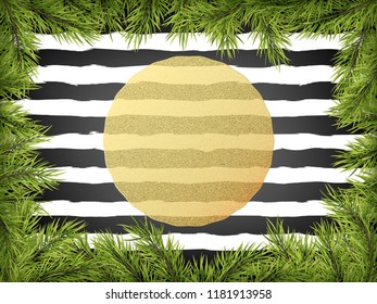 Luxury Invitation poster frame of pine, fir, spruce branches for a Christmas party on a striped black ans white background. Template for the holiday. EPS 10