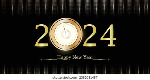 Luxury invitation or promotion template of new year 2024 with golden clock, halftone doted art, Happy new year 2024 invitation or promotion template with luxury golden effect, vector art illustration